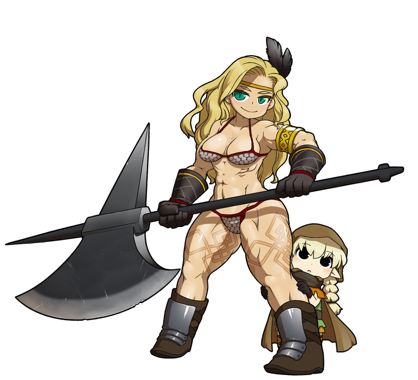 amazon_(dragon's_crown) armlet armor bikini bikini_armor blonde_hair boots braid breasts chibi circlet cloak dragon's_crown elf elf_(dragon's_crown) feathers gloves green_eyes halberd highres hood large_breasts long_hair multiple_girls muscle open_mouth pointy_ears polearm size_difference smile swimsuit tattoo thick_thighs thighs twin_braids ume_(noraneko) weapon younger
