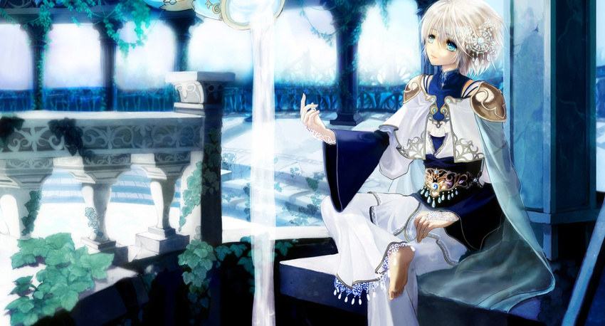 androgynous barefoot blue_eyes cape male_focus original solo souya_touki white_hair