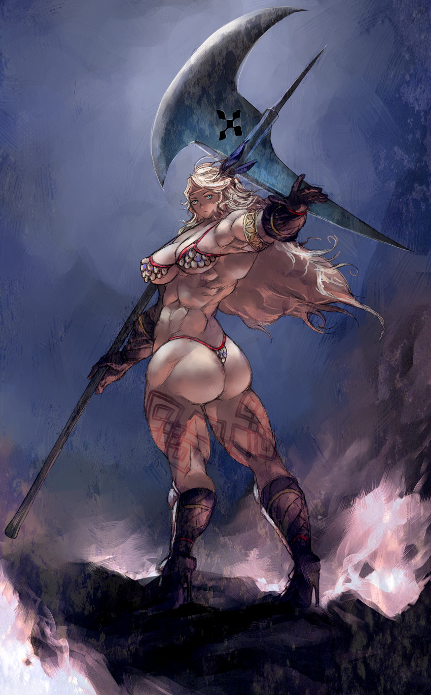 absurdres amazon_(dragon's_crown) armlet armor ass bikini_armor blue_eyes boots breasts circlet dragon's_crown feathers gloves halberd highres homex large_breasts long_hair md5_mismatch muscle muscular_female polearm solo tattoo weapon