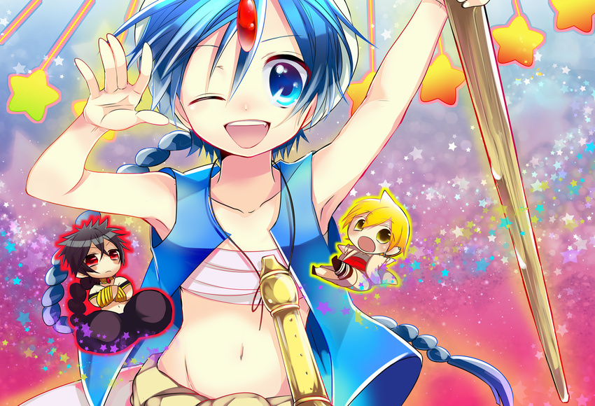 @shimapan aladdin_(magi) ali_baba_saluja black_hair blonde_hair blue_eyes blue_hair braid chibi flute instrument judal long_hair magi_the_labyrinth_of_magic midriff multiple_boys navel one_eye_closed open_mouth red_eyes short_hair yellow_eyes