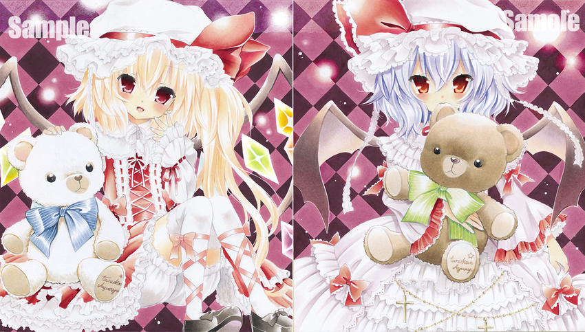 adapted_costume argyle argyle_background ayuayu bad_id bad_pixiv_id bat_wings biting blonde_hair bloomers bow cross dress embellished_costume flandre_scarlet frilled_dress frilled_sleeves frills gathers gown hat hat_bow light_particles marker_(medium) multiple_girls orange_eyes purple_hair red_eyes remilia_scarlet sample short_hair siblings side_ponytail signature sisters sleeves_past_wrists stuffed_animal stuffed_toy teddy_bear too_many too_many_frills touhou traditional_media underwear white_legwear wings
