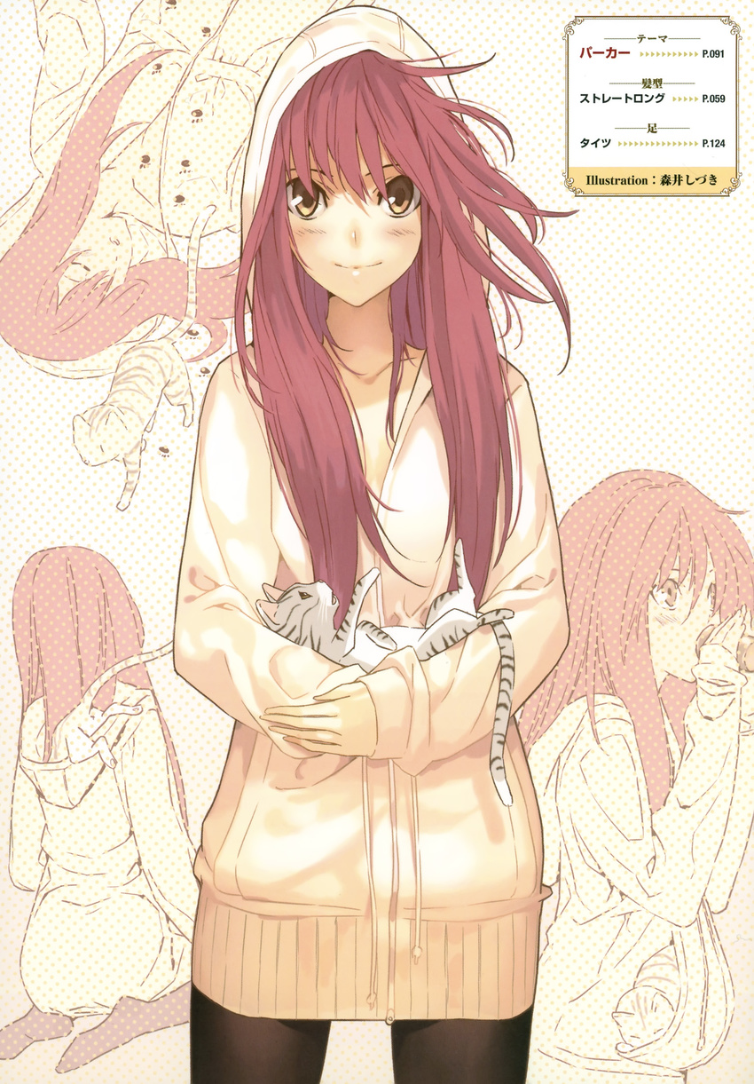 blush brown_eyes brown_legwear cat character_sheet collarbone face highres holding hood hoodie long_hair long_sleeves morii_shizuki original pantyhose red_hair smile sweater