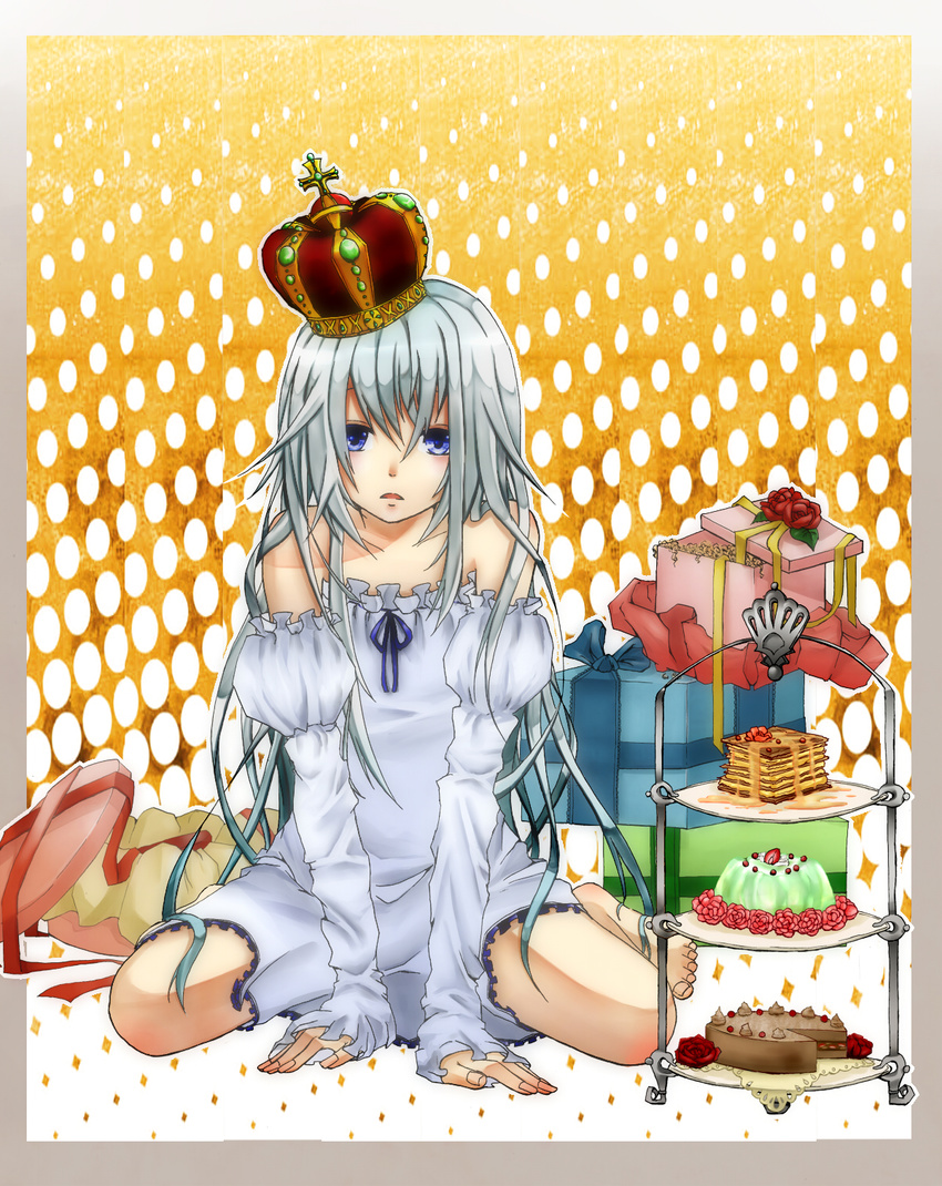 bad_id bad_pixiv_id bare_shoulders blue_eyes cake crown dress food gift highres long_hair original silver_hair sitting solo strapless strapless_dress sweets wariza yuna-tu