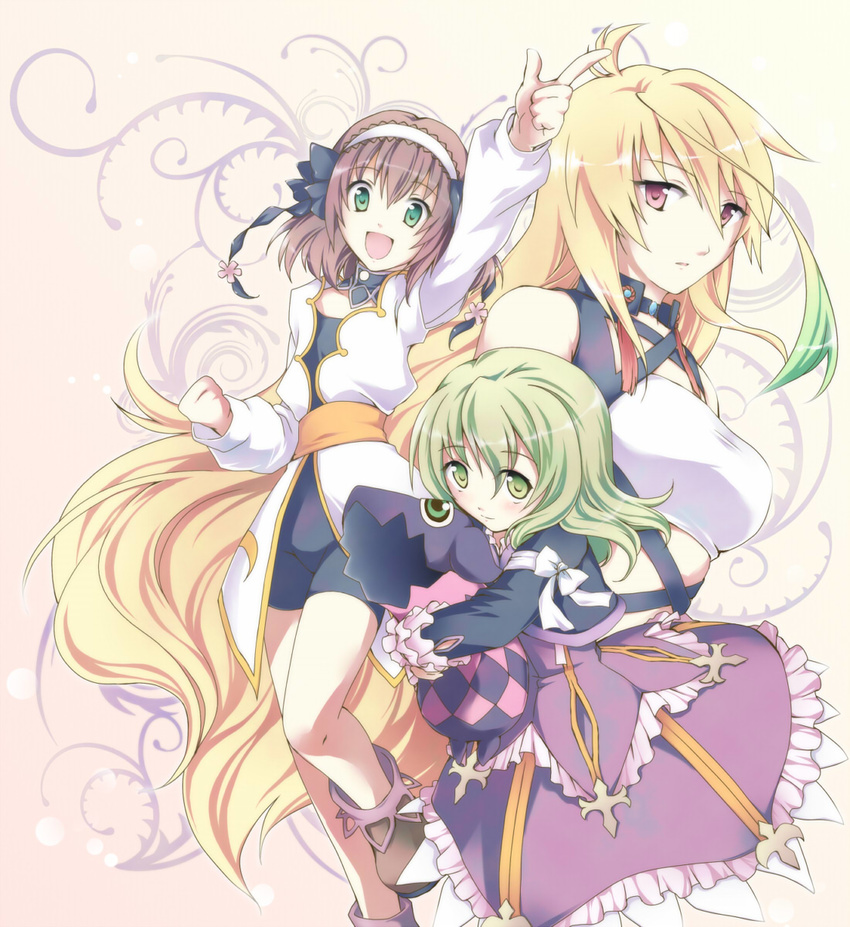 :d ahoge arm_up bad_id bad_pixiv_id bike_shorts blonde_hair bow braid brown_hair choker coat creature dress elize_lutus flower frills gradient_hair green_eyes green_hair hairband happy highres hug leia_rolando long_hair microspace milla_maxwell multicolored_hair multiple_girls open_mouth pointing red_eyes ribbon short_hair smile tales_of_(series) tales_of_xillia teepo_(tales) yellow_eyes