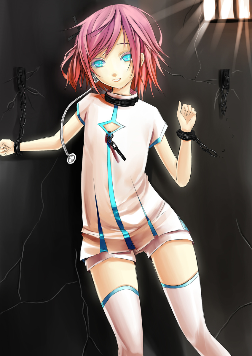 absurdres blue_eyes chain chained collar cuffs highres original pink_hair prison reio_reio shackles short_hair shorts smile solo thighhighs white_legwear