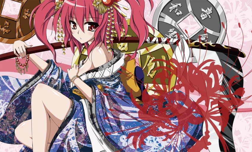 bare_shoulders bracelet coin flower hair_bobbles hair_ornament japanese_clothes jewelry kanzashi nana_stars off_shoulder onozuka_komachi over_shoulder red_eyes red_hair scythe solo spider_lily touhou two_side_up weapon weapon_over_shoulder yen