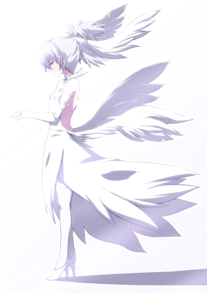 bare_back bare_shoulders darker_than_black dress elbow_gloves full_body gloves head_wings high_heels highres kaname_nagi ponytail profile shadow shoes silver_hair simple_background solo standing thighhighs white white_background white_legwear wings yin