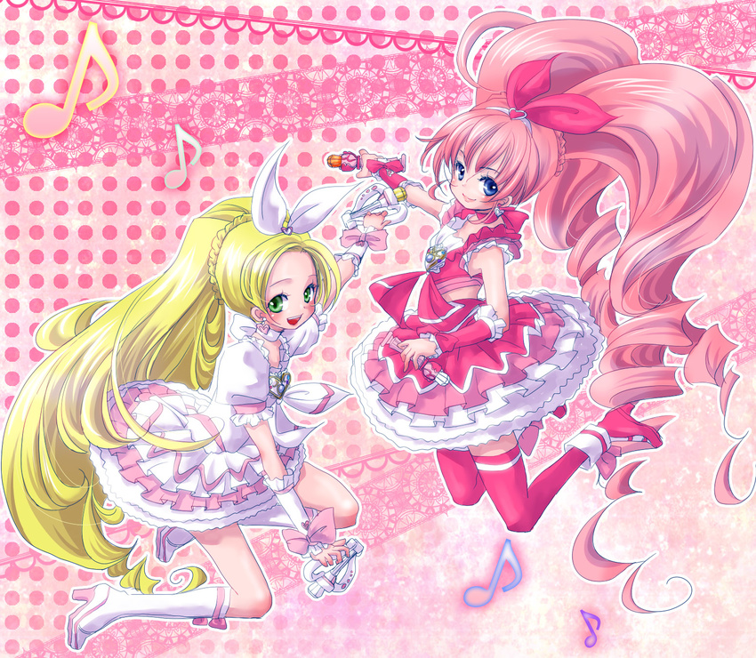 blonde_hair blue_eyes boots bow braid brooch choker cure_melody cure_rhythm curly_hair dress eighth_note ele fantastic_belltier frills full_body green_eyes hair_ribbon heart highres houjou_hibiki jewelry knee_boots long_hair magical_girl minamino_kanade miracle_belltier multiple_girls musical_note open_mouth pink_background pink_bow pink_choker pink_hair pink_legwear polka_dot precure ribbon shoes smile suite_precure thighhighs twintails wand white_choker wrist_cuffs