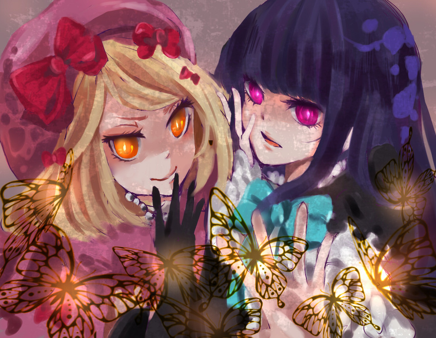 bad_id bad_pixiv_id blonde_hair blue_hair bow bug butterfly dress elbow_gloves frederica_bernkastel gloves glowing glowing_eyes grin hair_bow hair_ornament hair_ribbon hairclip hat insect jewelry lambdadelta multiple_girls necklace pink_hat purple_eyes ribbon smile tsutsuko_(tsutsuji) umineko_no_naku_koro_ni yellow_eyes