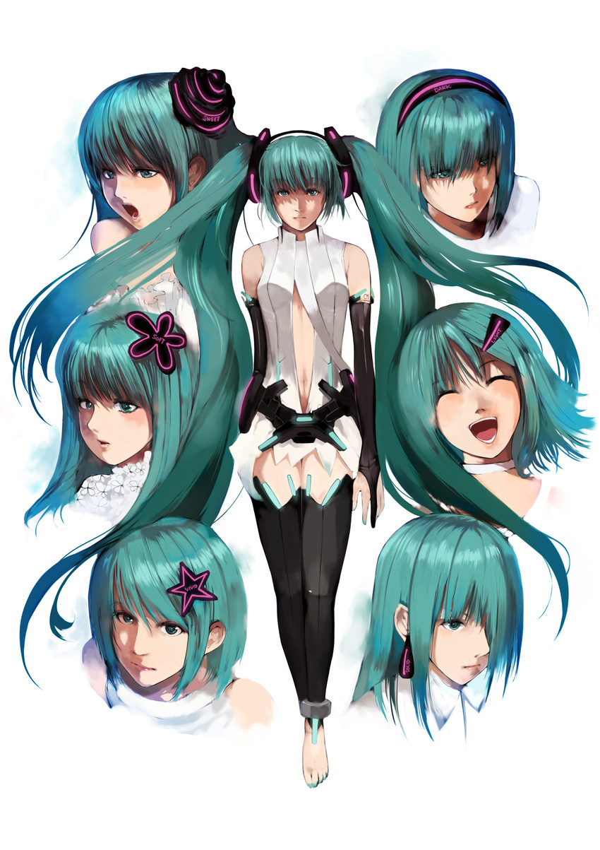 absurdres alternate_costume alternate_hairstyle bad_id bad_pixiv_id barefoot face hair_down hair_over_one_eye hatsune_miku hatsune_miku_(append) highres lips long_hair multiple_persona nobusnow realistic short_hair vocaloid vocaloid_append