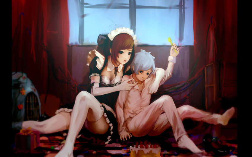 1girl aqua_eyes arm_up birthday black_eyes blue_hair bow breasts brown_hair cake child cleavage confetti elbow_gloves food gift gloves hair_bow lips lipstick maid maid_headdress makeup mary_janes medium_breasts navjay no_shoes original pajamas panties pantyshot pantyshot_(sitting) red_lipstick shoes shoes_removed sitting spoon thighhighs underwear wallpaper white_gloves white_legwear window