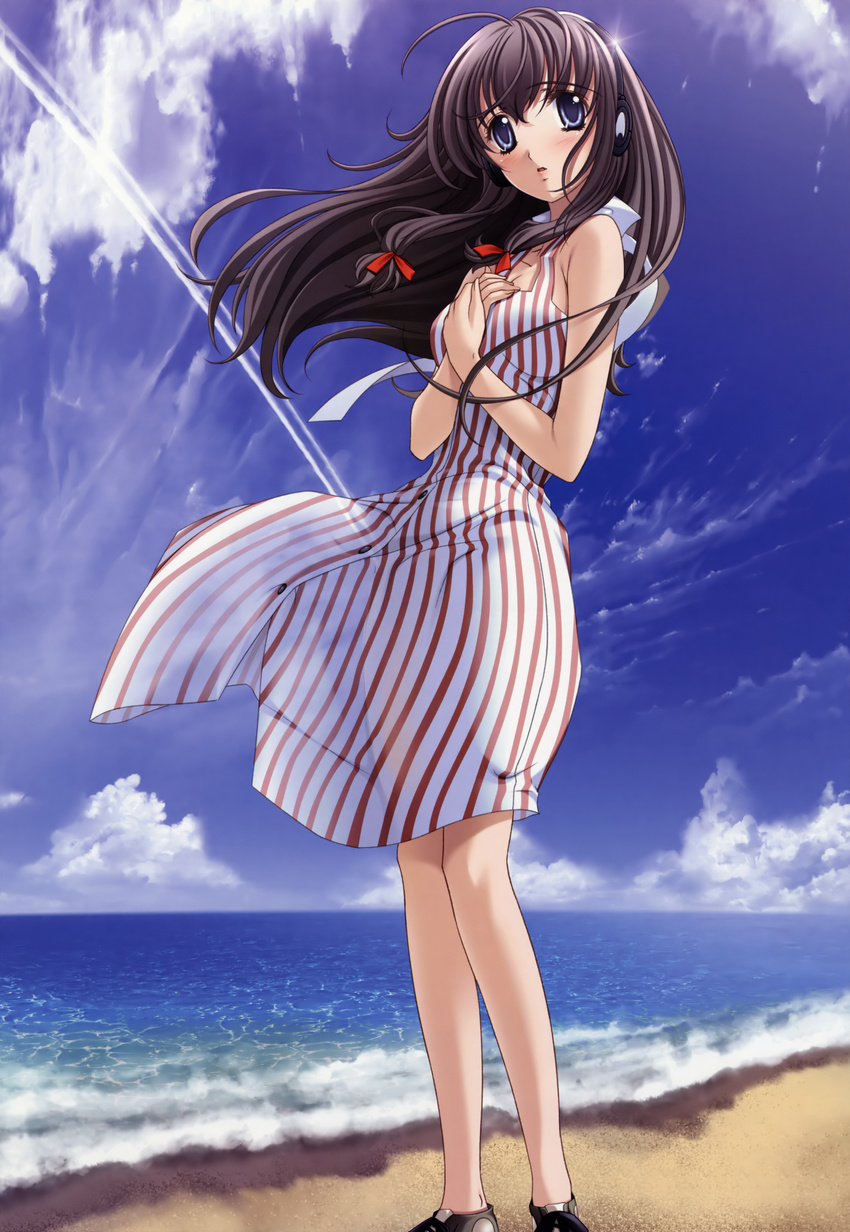 :o absurdres beach blush brown_hair cloud condensation_trail day hands_together highres long_hair ocean original outdoors see-through sky solo standing striped sugiyama_genshou vertical_stripes