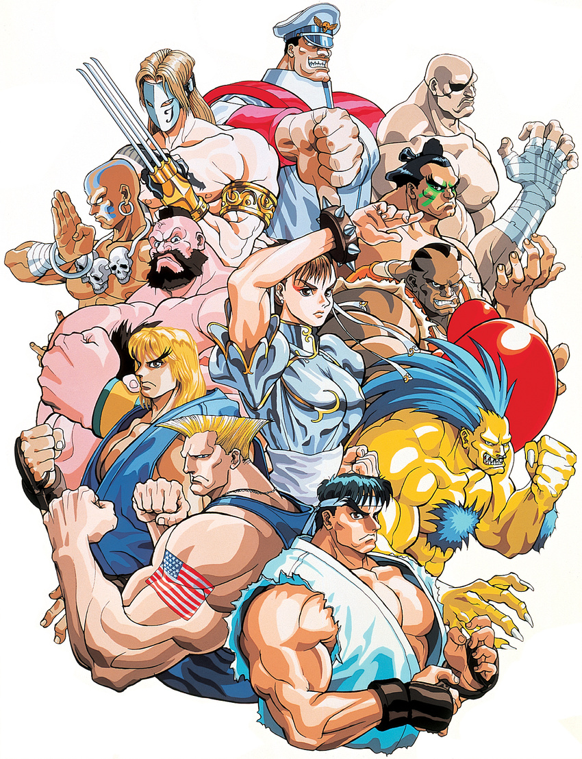 6+boys 90s american_flag_tattoo balrog blanka chun-li dhalsim earrings edmond_honda everyone facepaint fighting_stance guile highres jewelry ken_masters m_bison multiple_boys muscle necklace nishimura_kinu official_art ryuu_(street_fighter) sagat skull skull_necklace street_fighter street_fighter_ii_(series) tattoo vega zangief