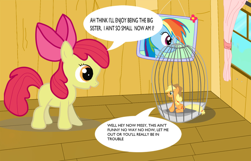 apple_bloom_(mlp) applejack_(mlp) blue_body blue_fur cage cutie_mark duo earth_pony english_text equid equine female feral friendship_is_magic fur hair hasbro horse koribaka mammal micro multicolored_hair my_little_pony pony quadruped rainbow_dash_(mlp) rainbow_hair sibling_(lore) sister_(lore) sisters_(lore) size_difference tail text young young_feral