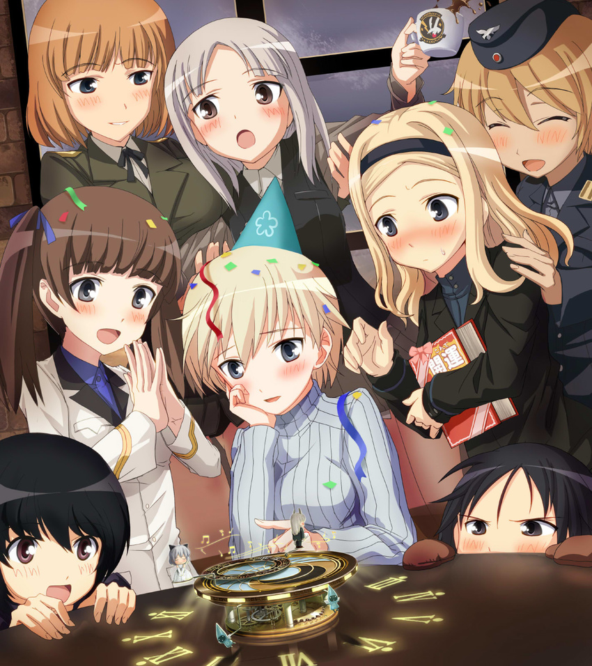 6+girls aleksandra_i_pokryshkin black_eyes black_hair blonde_hair blue_eyes blush brave_witches brown_eyes chin_rest closed_eyes cup edytha_rossmann eila_ilmatar_juutilainen garrison_cap georgette_lemare gloves gundula_rall hairband hands_together hat hi-ho- highres kanno_naoe military military_uniform multiple_girls music_box nikka_edvardine_katajainen open_mouth orange_hair sanya_v_litvyak shimohara_sadako short_hair smile strike_witches tonttu twintails uniform waltrud_krupinski world_witches_series