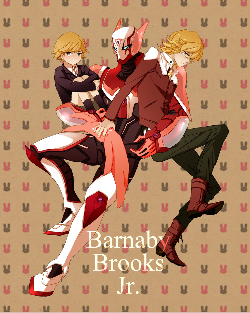 bad_id bad_pixiv_id barnaby_brooks_jr blonde_hair boots bun_(kunpu) child glasses green_eyes highres jacket jewelry male_focus multiple_boys multiple_persona necklace necktie power_armor power_suit red_jacket shorts stuffed_animal stuffed_bunny stuffed_toy superhero tiger_&amp;_bunny younger