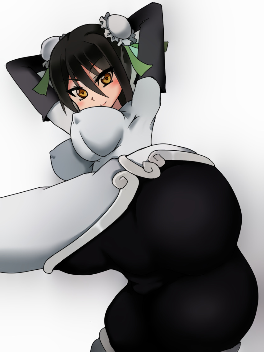 arms_behind_back artist_request ass black_hair bodysuit breasts bun_cover chinese_clothes double_bun erect_nipples fate/grand_order fate_(series) fingerless_gloves gloves green_eyes highres huge_ass large_breasts looking_at_viewer ninja pants qin_liangyu_(fate) shiny shiny_clothes shiny_hair short_hair sideboob skin_tight smile solo tight tight_pants