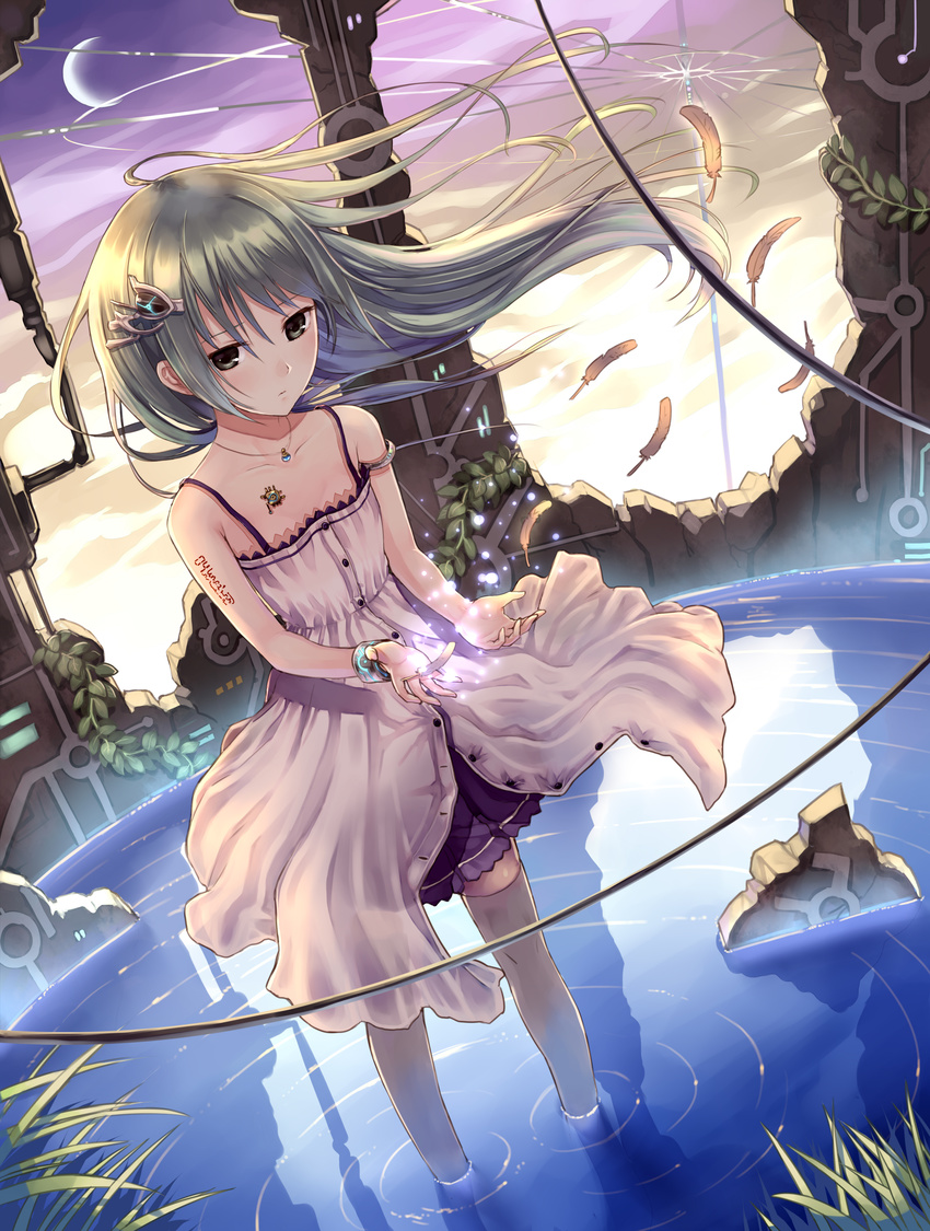 absurdres bracelet dress feathers green_eyes green_hair hair_ornament highres jewelry kazuharu_kina long_hair magic necklace non-web_source original ripples science_fiction skirt solo thighhighs wading water white_dress wind