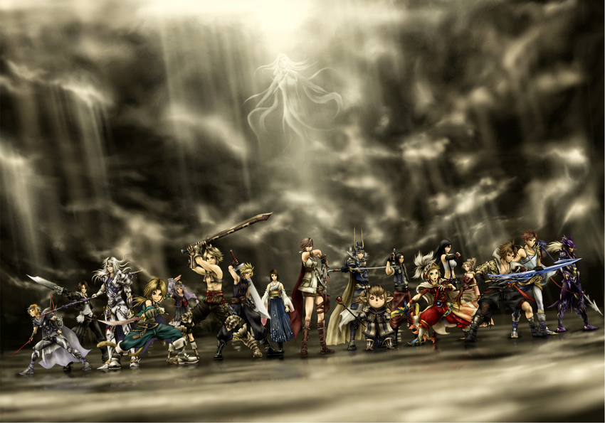 6+girls absurdres armor armpits bad_id bad_pixiv_id bare_shoulders belt blonde_hair blue_eyes bow bow_(weapon) brown_hair butz_klauser cain_highwind cape cecil_harvey cirque07 cloud_strife cosmos_(dff) dagger detached_sleeves dissidia_012_final_fantasy dissidia_final_fantasy dress everyone final_fantasy final_fantasy_i final_fantasy_ii final_fantasy_iii final_fantasy_iv final_fantasy_ix final_fantasy_v final_fantasy_vi final_fantasy_vii final_fantasy_viii final_fantasy_x final_fantasy_xi final_fantasy_xii final_fantasy_xiii fraternity frioniel gauntlets gem gloves green_eyes gunblade hair_bobbles hair_ornament hair_ribbon hat helmet highres horns jewelry laguna_loire lance lightning_farron long_hair multiple_boys multiple_girls necklace onion_knight open_clothes open_shirt paladin_(final_fantasy) pointy_ears polearm ponytail prishe purple_hair ribbon scar shirt short_hair silver_hair spiked_hair squall_leonhart staff sword tail tidus tifa_lockhart time_paradox tina_branford twintails vaan warrior_of_light weapon white_hair yuna_(ff10) zidane_tribal