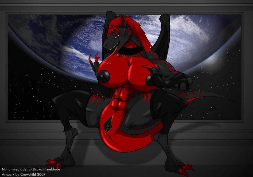 big_breasts black black_body breasts collar countershading crowchild dragon earth female hair markings muscles muscular_female nipples nitha_fireblade pussy red red_countershading red_eyes red_hair red_markings solo space spacecraft tail talons tongue wings