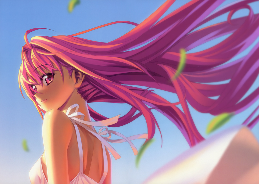 1girl absurdres ahoge bare_shoulders blurry corticarte_apa_lagranges depth_of_field dress hair_blow highres kannatsuki_noboru light_smile long_hair looking_back red_eyes red_hair shinkyoku_soukai_polyphonica sky solo sundress wind