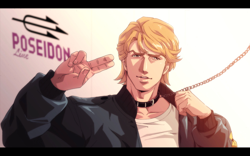 blonde_hair blue_eyes blue_jacket bomber_jacket chain collar imasan jacket keith_goodman leash letterboxed male_focus salute solo tiger_&amp;_bunny