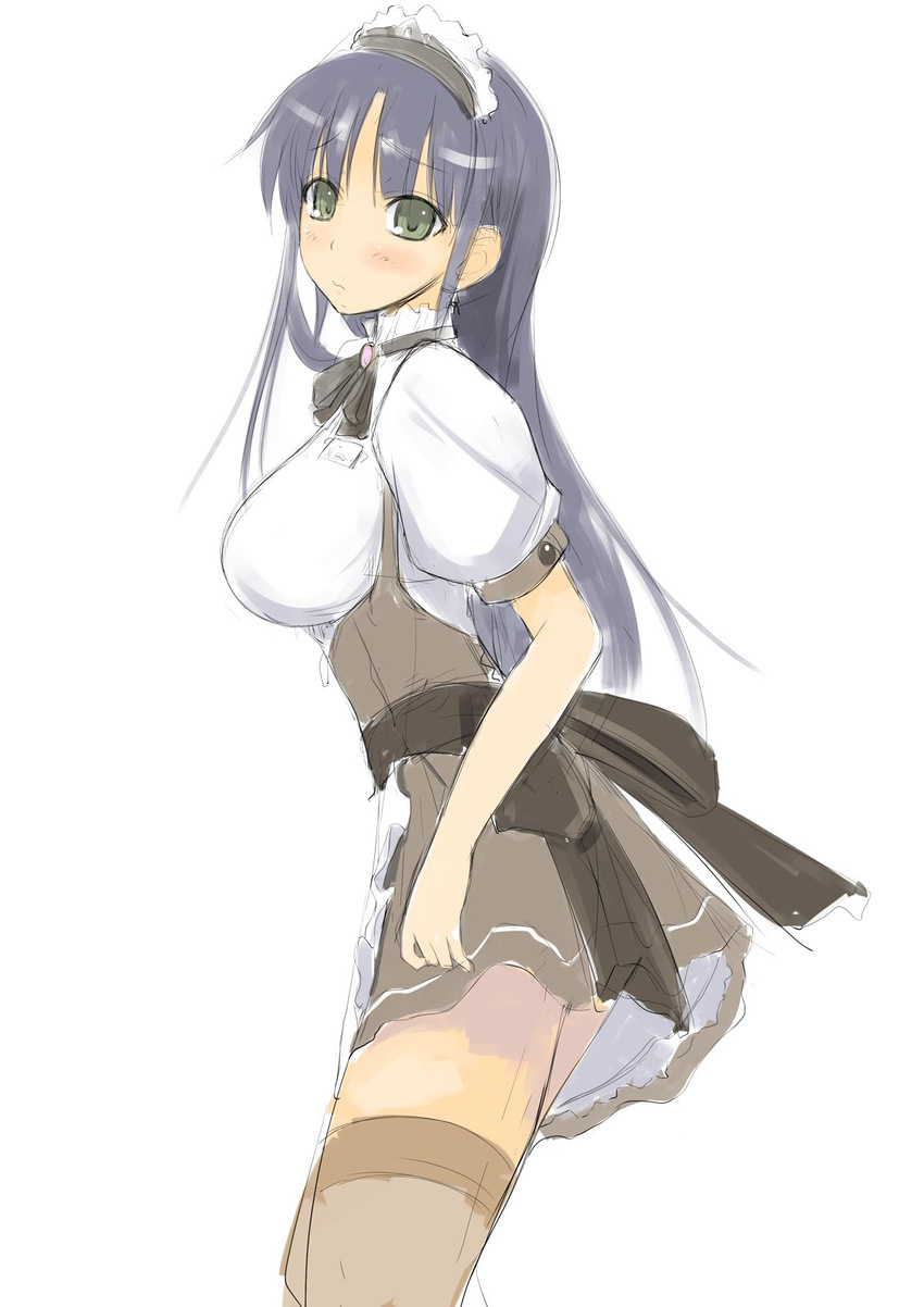 amei_sumeru apron blue_hair breasts hairband highres large_breasts long_hair original sketch skirt solo thighhighs waitress