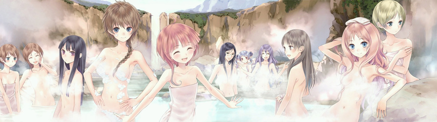 :/ :d ahoge astrid_zexis atelier_(series) atelier_meruru bathing black_hair blonde_hair blue_eyes blue_hair blush braid breasts brown_eyes brown_hair brown_towel censored closed_eyes collarbone convenient_arm convenient_censoring covering double_bun esty_erhard eyebrows_visible_through_hair filly_erhard foam game_cg glasses green_eyes hair_between_eyes hair_censor hair_over_breasts hair_over_one_breast hair_over_shoulder hands_on_hips highres hom_(atelier) jitome jpeg_artifacts juana_olsys kaena_swaya kishida_mel long_hair looking_at_viewer medium_breasts merurulince_rede_arls mimi_houllier_von_schwarzlang multiple_girls naked_towel navel nude nude_cover official_art onsen open_mouth outdoors outstretched_arms pamela_ibiss pink_towel pointy_ears ponytail purple_eyes purple_hair rock rororina_fryxell short_hair single_braid small_breasts smile soap soap_bubbles soap_censor standing steam steam_censor totooria_helmold towel towel_on_head very_short_hair water waterfall white_towel
