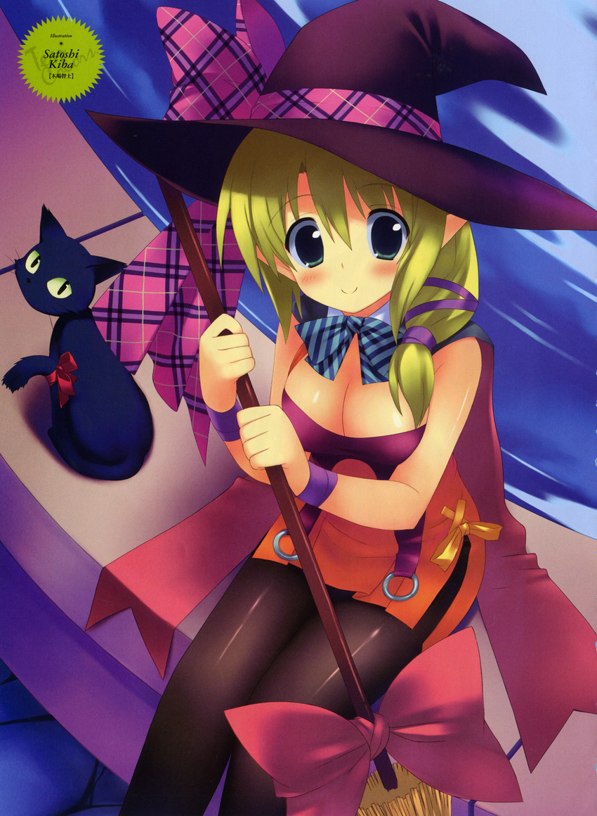 1girl absurdres breasts cat cleavage copyright_request hat highres kiba_satoshi pantyhose ribbon solo witch witch_hat