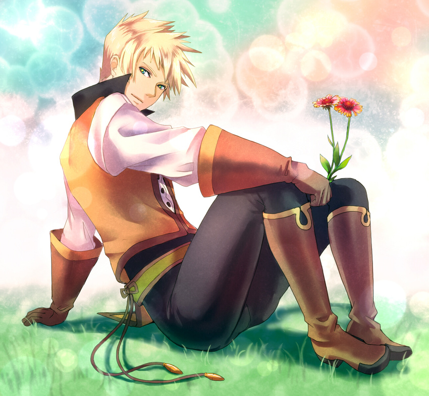 ahoge blonde_hair boots flower full_body gloves grass green_eyes guy_cecil highres jarako_(gaillardia) knee_boots male_focus multicolored multicolored_eyes pants rainbow_background shirt sitting solo tales_of_(series) tales_of_the_abyss vest yellow_eyes
