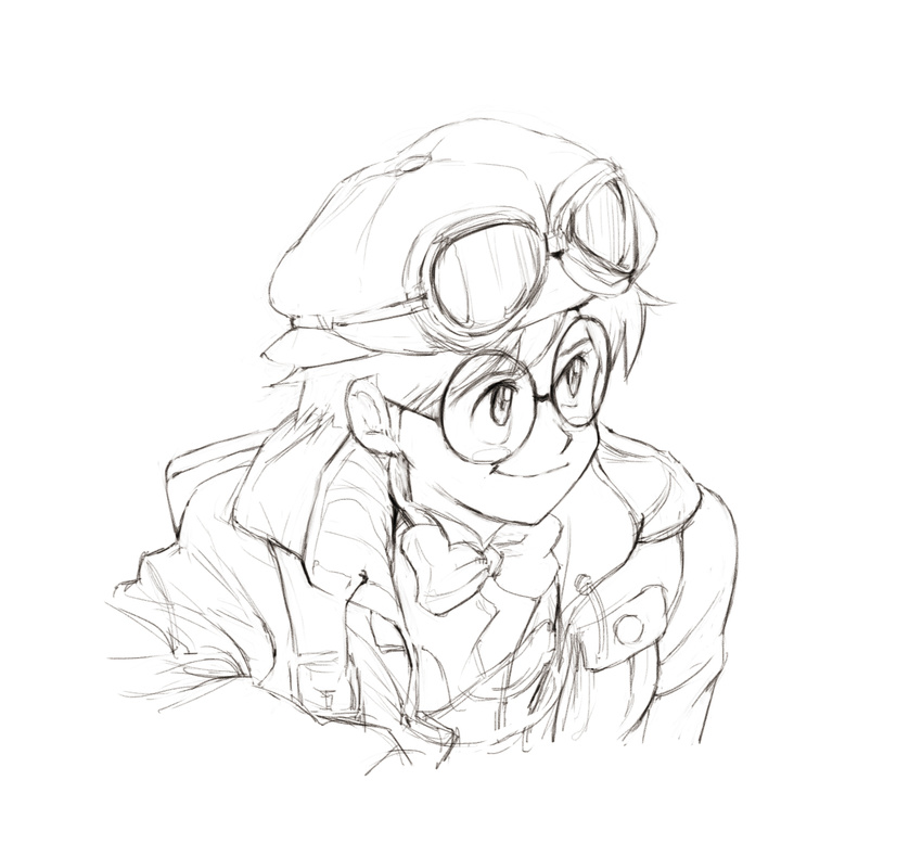 blush_stickers bow bowtie cabbie_hat fushigi_no_umi_no_nadia glasses goggles goggles_on_head hat highres jacket jean_coq_de_raltigue male_focus monochrome sketch smile solo tsuchi