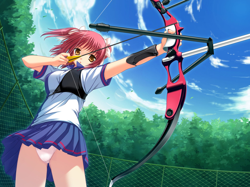 :o aiming archery arm_guards arrow bow bow_(weapon) day drawing_bow fisheye from_below game_cg hair_bow highres himegami_nanase holding holding_arrow holding_bow_(weapon) holding_weapon muneate outdoors outstretched_arm panties pantyshot red_hair skirt solo soushinjutsu_rei twintails two_side_up underwear weapon yellow_eyes yukirin