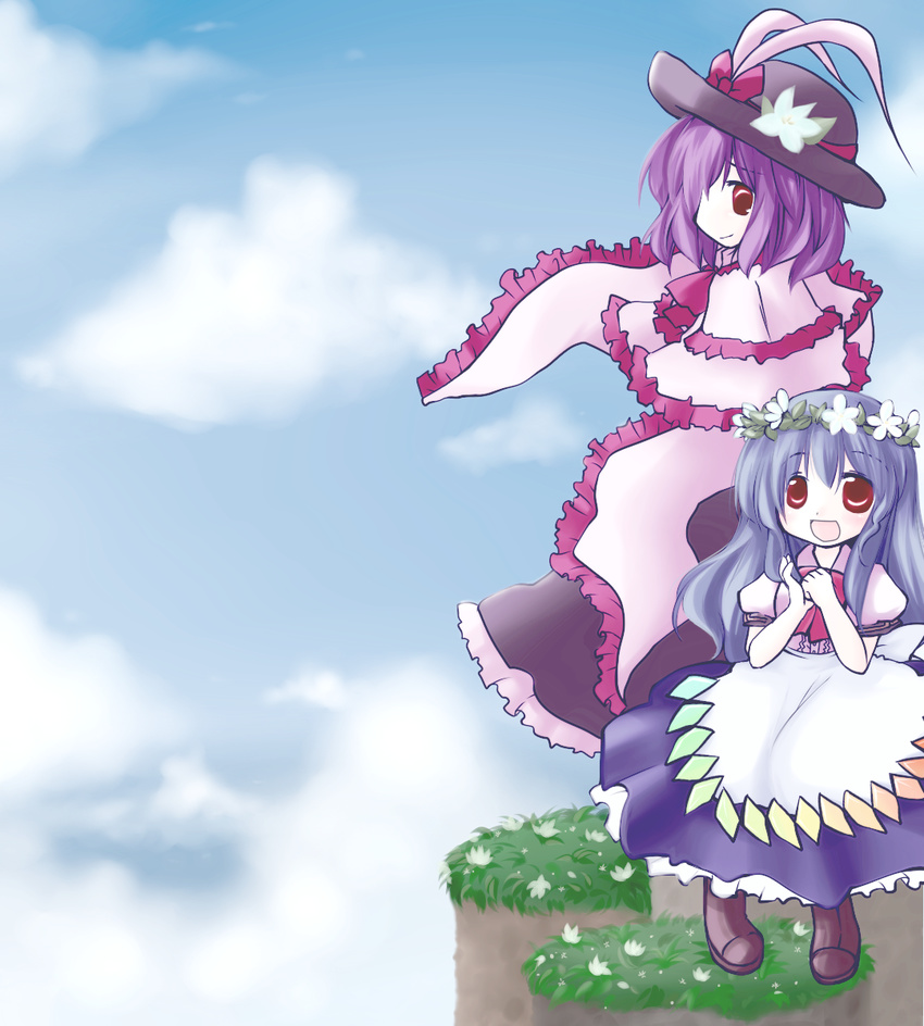 blue_hair boots bow bowtie cloud day dress flower frills futami_yayoi hat head_wreath highres hinanawi_tenshi lavender_hair long_hair multiple_girls nagae_iku no_hat no_headwear open_mouth purple_hair red_eyes ribbon scarf shawl short_hair sky smile touhou younger