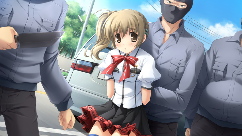 balaclava bow bowtie brown_eyes brown_hair game_cg ground_vehicle highres hostage ikegami_akane knife makiya_sumika motor_vehicle puffy_sleeves scared school_uniform side_ponytail skirt van with_ribbon