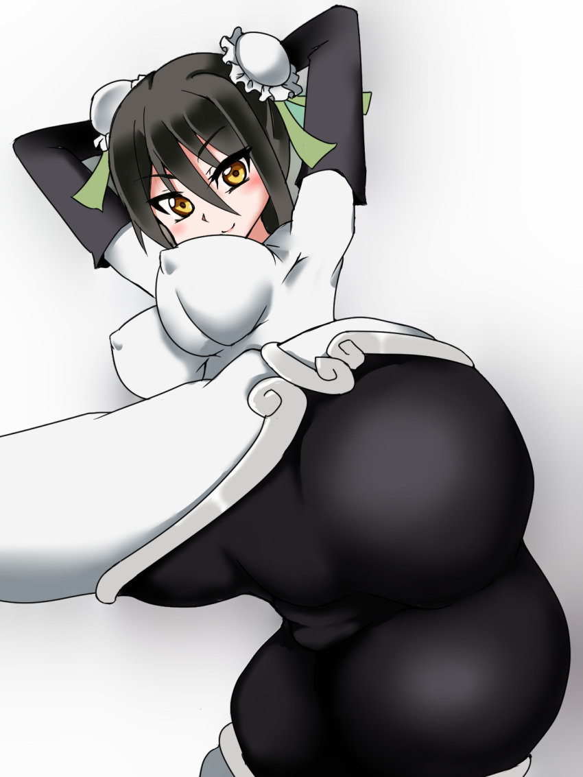 arms_behind_back artist_request ass black_hair bodysuit breasts bun_cover chinese_clothes double_bun erect_nipples fate/grand_order fate_(series) fingerless_gloves gloves green_eyes highres huge_ass large_breasts looking_at_viewer ninja pants qin_liangyu_(fate) shiny shiny_clothes shiny_hair short_hair sideboob skin_tight smile solo tight tight_pants