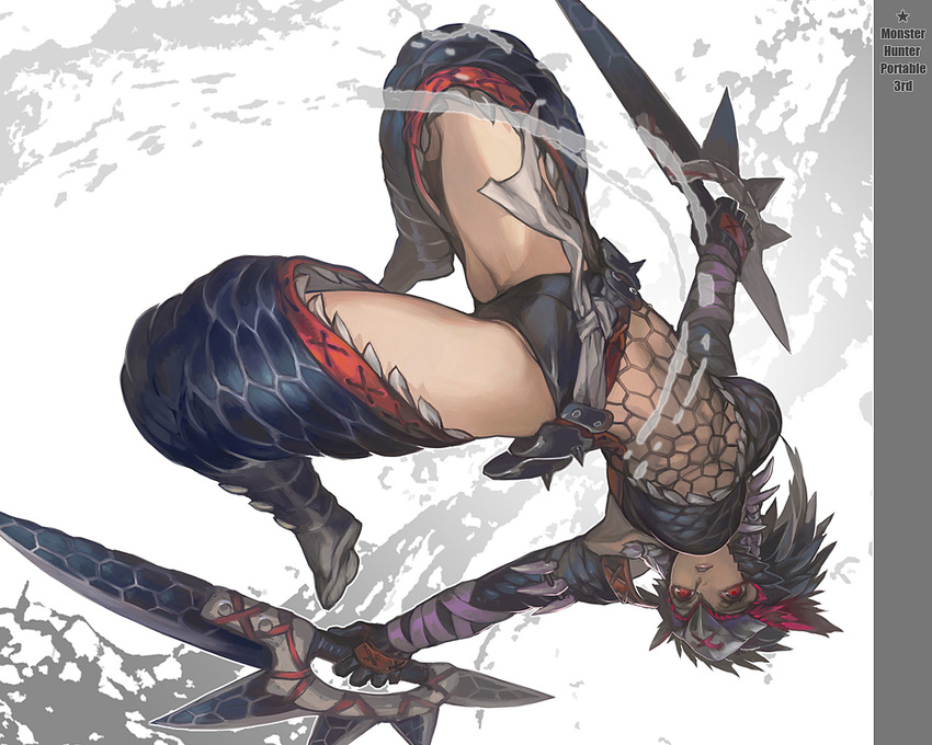 aoin arched_back armor backflip bandages blue_hair boots breasts dual_wielding fishnets gloves headband holding medium_breasts monster_hunter monster_hunter_portable_3rd nargacuga_(armor) red_eyes solo somersault sword underboob upside-down wallpaper weapon