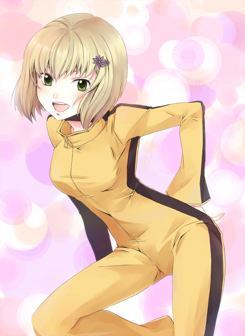 bad_id bad_pixiv_id blonde_hair blush bodysuit bruce_lee's_jumpsuit green_eyes hair_ornament hairclip hatsuse highres huang_baoling jumpsuit open_mouth orange_bodysuit short_hair solo tiger_&amp;_bunny