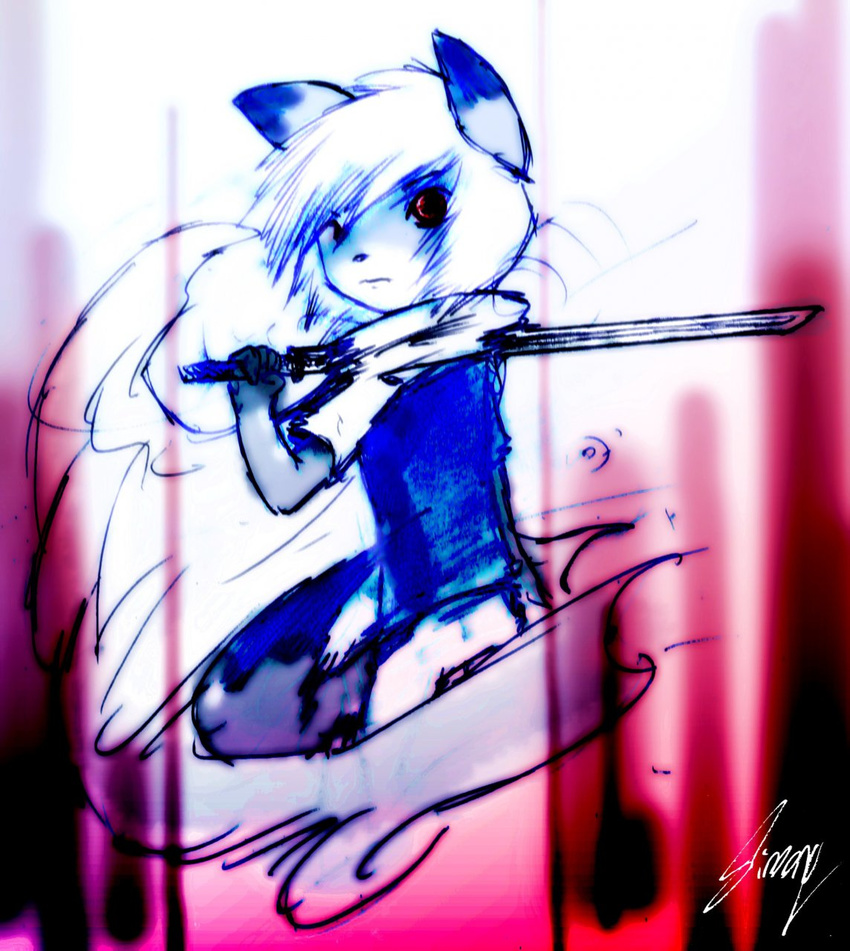 anthro cub fox hair looking_at_viewer male mammal maverick_skye red_eyes solo sword unknown_artist weapon young