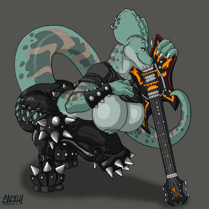 anthro belt big_breasts boots bracelet breasts claws clothed clothing collaboration dilophosaur dilophosaurus dinosaur dylian edit female guitar half-dressed hanging_breasts huge_breasts jewelry knee_pads lizard looking_at_viewer lordstevie metal nipples pants partially_clothed piercing pose reptile rocker scalie shirt showkaizer solo spikes tail thighs tight_clothing topless