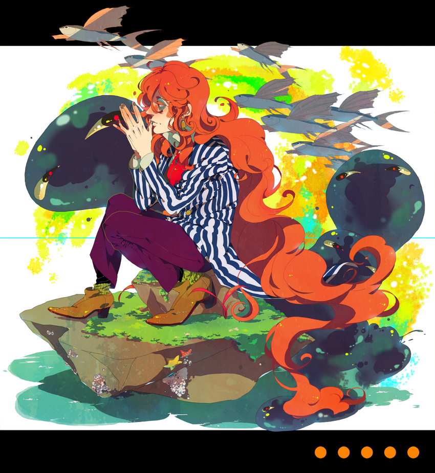 bad_id bad_pixiv_id fish fujimoto_(ponyo) gake_no_ue_no_ponyo highres long_hair male_focus nshi red_hair sitting solo striped vertical_stripes very_long_hair wavy_hair