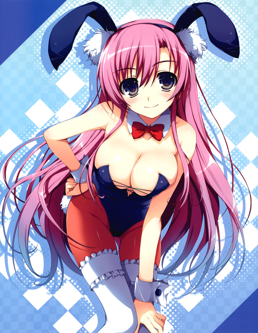 absurdres animal_ears bare_shoulders blue_eyes bow bowtie breasts bunny_ears bunny_girl bunny_tail bunnysuit cleavage copyright_request detached_collar hand_on_hip highres large_breasts leaning_forward light_smile long_hair pantyhose pink_hair red_legwear solo tail thighhighs tomose_shunsaku very_long_hair wrist_cuffs