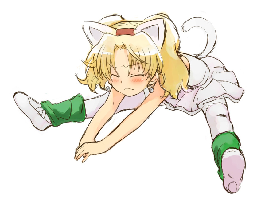 animal_ears blonde_hair blush cat_ears cat_tail closed_eyes frown full_body highres jewelpet_(series) jewelpet_twinkle leg_warmers miria_marigold_mackenzie nyama pantyhose shoes sketch solo stretch tail twintails