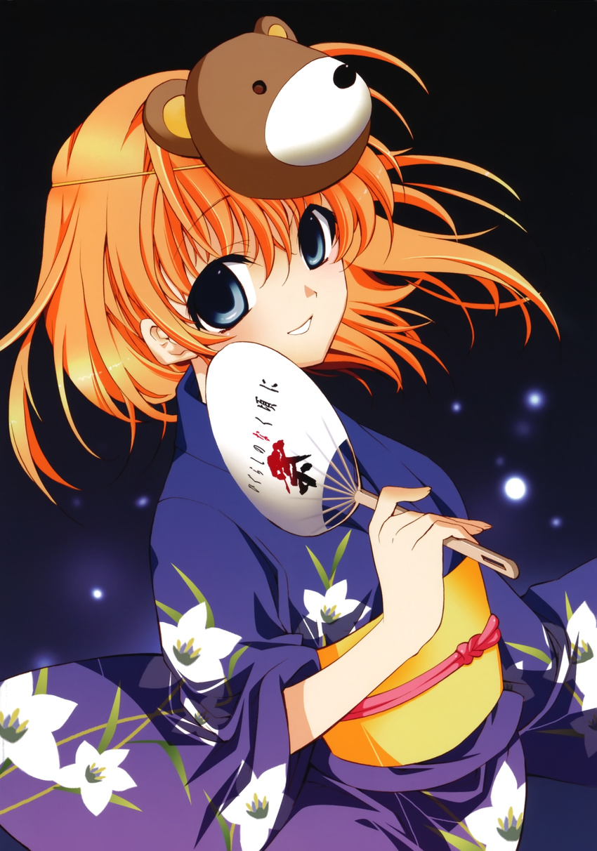 absurdres bear blue_eyes blue_kimono fan festival floral_print highres higurashi_no_naku_koro_ni japanese_clothes kimono mask orange_hair paper_fan ryuuguu_rena short_hair solo suzuragi_karin uchiwa yukata