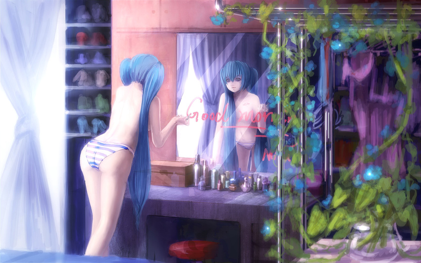 arm_support ass back bad_reflection blue_eyes blue_hair breasts chair clothes curtains error faux_traditional_media flower from_behind hair_over_breasts hatsune_miku highres light_smile lipstick lipstick_tube long_hair makeup medium_breasts mirror navjay panties plant reflection sideboob solo standing striped striped_panties topless twintails underwear underwear_only very_long_hair vocaloid window_writing writing