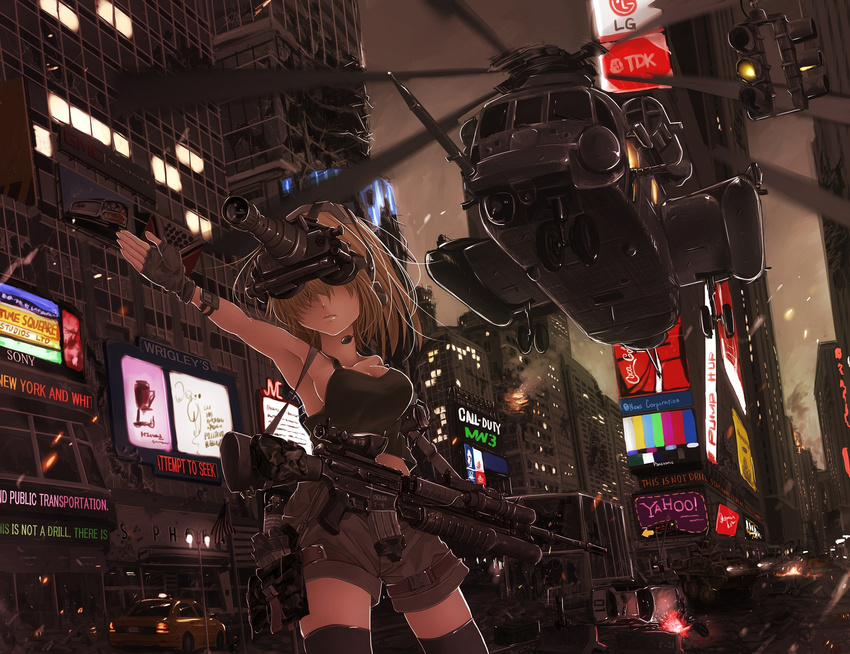 ad aircraft armored_fighting_vehicle armored_vehicle assault_rifle bad_id bad_pixiv_id building call_of_duty call_of_duty:_modern_warfare_3 car ch-53 crop_top engrish explosive fingerless_gloves gloves grenade grenade_launcher ground_vehicle gun handgun headset helicopter highres koh_(minagi_kou) landmark m16 m203 midriff military military_vehicle motion_blur motor_vehicle new_york night_vision_device pistol police_car ranguage real_world_location rifle shorts sony stryker taxi thighhighs times_square underbarrel_grenade_launcher weapon wrigley's yahoo!