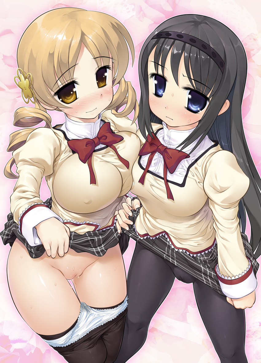 akemi_homura asymmetrical_docking bad_id bad_pixiv_id black_hair blonde_hair blue_eyes breast_press breasts drill_hair hair_ornament hairband highres large_breasts long_hair mahou_shoujo_madoka_magica medium_breasts multiple_girls panties panties_under_pantyhose panty_pull pantyhose puffy_sleeves pussy raidon school_uniform skirt tomoe_mami twin_drills twintails underwear yellow_eyes