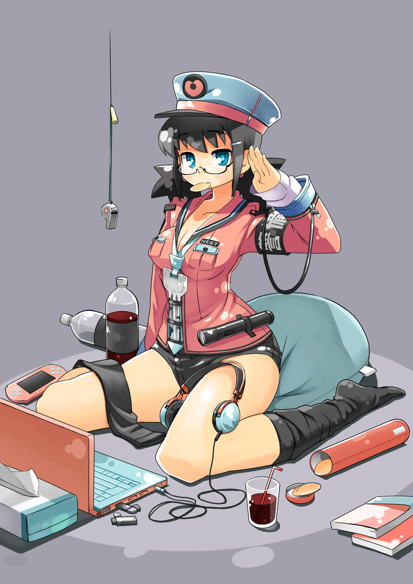 absurdres armband bad_id bad_pixiv_id black_hair black_legwear blue_eyes breasts chips cleavage computer flashlight food fukumaaya glasses grey_background hair_ornament hairclip handheld_game_console hat headphones headphones_removed highres key laptop medium_breasts mouth_hold neet original peaked_cap pillow playstation_portable potato_chips salute short_shorts shorts single_thighhigh sitting solo thighhighs tissue_box wariza whistle