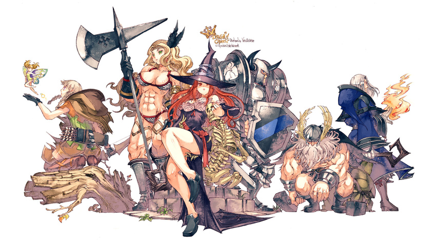 3girls abs amazon_(dragon's_crown) armor arrow bikini blonde_hair bow_(weapon) braid breasts cleavage dragon's_crown dwarf_(dragon's_crown) elf elf_(dragon's_crown) everyone fairy fighter_(dragon's_crown) fire halberd hammer hat helmet highres horns knight large_breasts long_hair multiple_boys multiple_girls muscle pointy_ears polearm quiver red_hair shield skeleton sorceress_(dragon's_crown) staff swimsuit twin_braids weapon white_hair witch_hat wizard_(dragon's_crown) yoshida_tooru