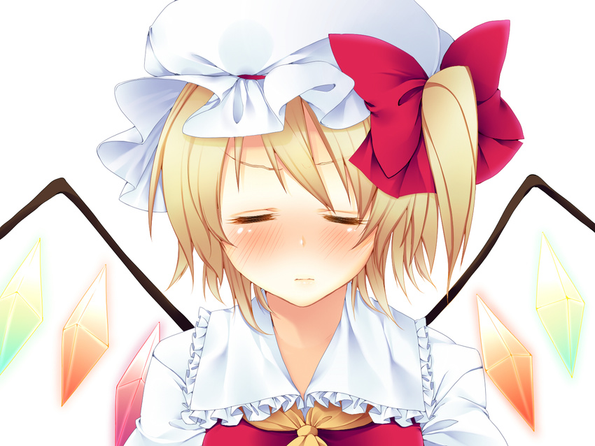 bad_id bad_pixiv_id blonde_hair blush close-up closed_eyes face flandre_scarlet hat highres incoming_kiss solo touhou wings yana_mori