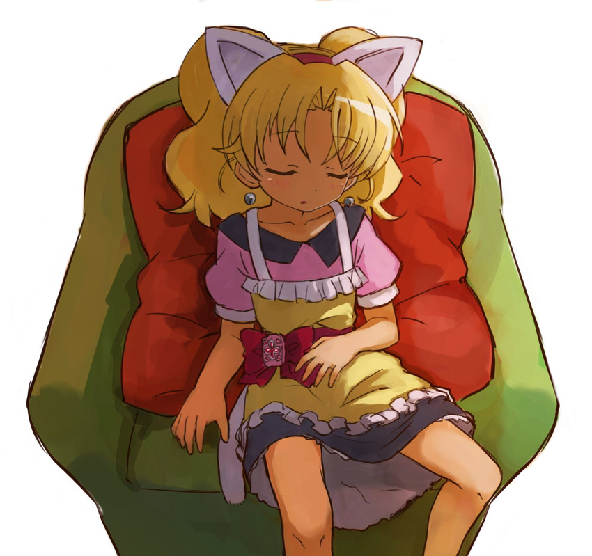 animal_ears blonde_hair cat_ears cat_tail chair closed_eyes highres hizashi_no_naka_no_real jewelpet_(series) jewelpet_twinkle miria_marigold_mackenzie nyama parody pillow solo tail